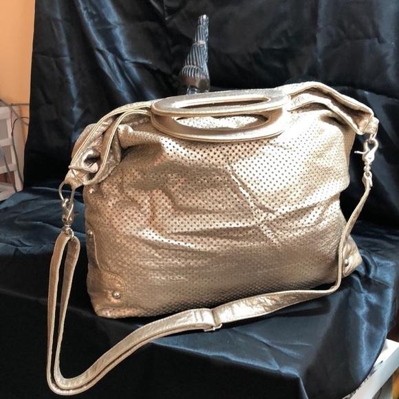 Handbags - LARGE used bag in silverish gold basket handles.